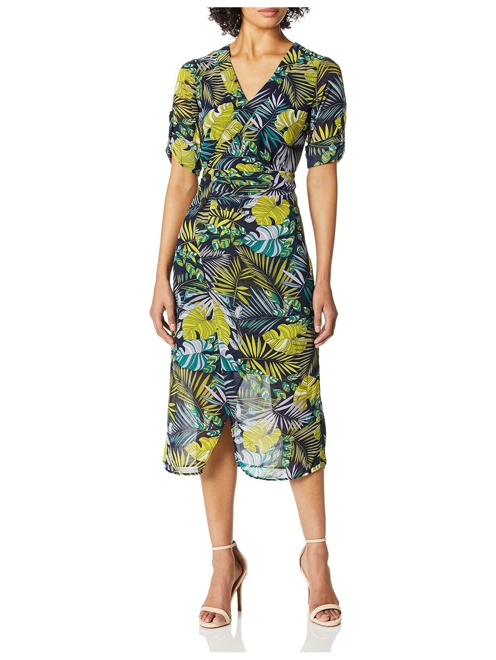 Sam Edelman Women's Long Sleeve Tropical Patterned Wrap Dress, Green Multi, 6